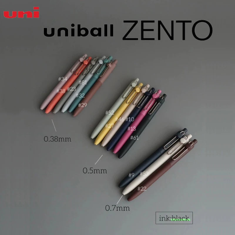 A collection of UniBall ZENTO precision gel pens in various colors and sizes, showing different ink thicknesses.