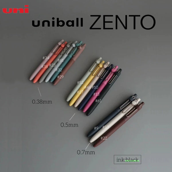 Colección de bolígrafos de gel UniBall ZENTO en varios colores y tamaños, mostrando diferentes grosores de tinta.