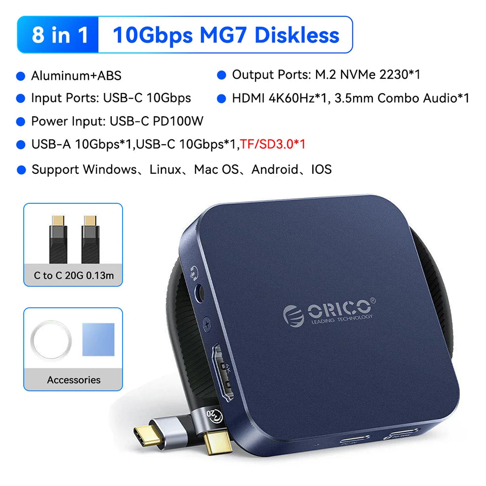 A dark blue 8 in 1 10Gbps MG7 Diskless device with various ports and accessories.