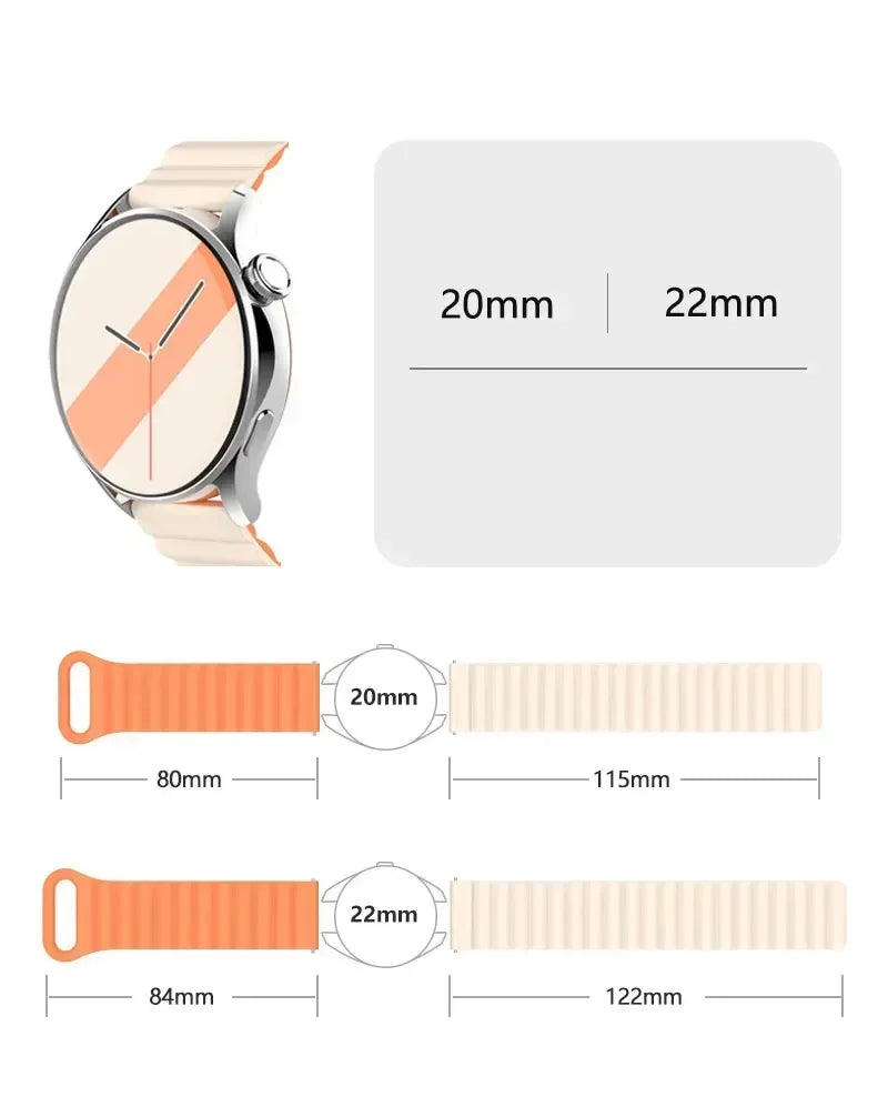 Image showing watch bands in 20mm and 22mm sizes with corresponding lengths for adjustable magnetic loop watch bands.
