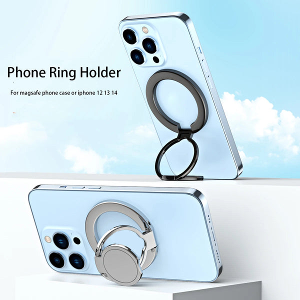 A silver phone ring holder is shown attached to a light blue smartphone, demonstrating its use for phone accessories.