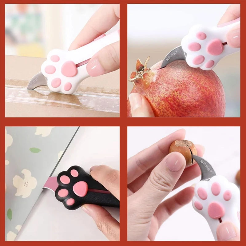 A set of pink and black cat paw retractable utility knives shown in various usage contexts.