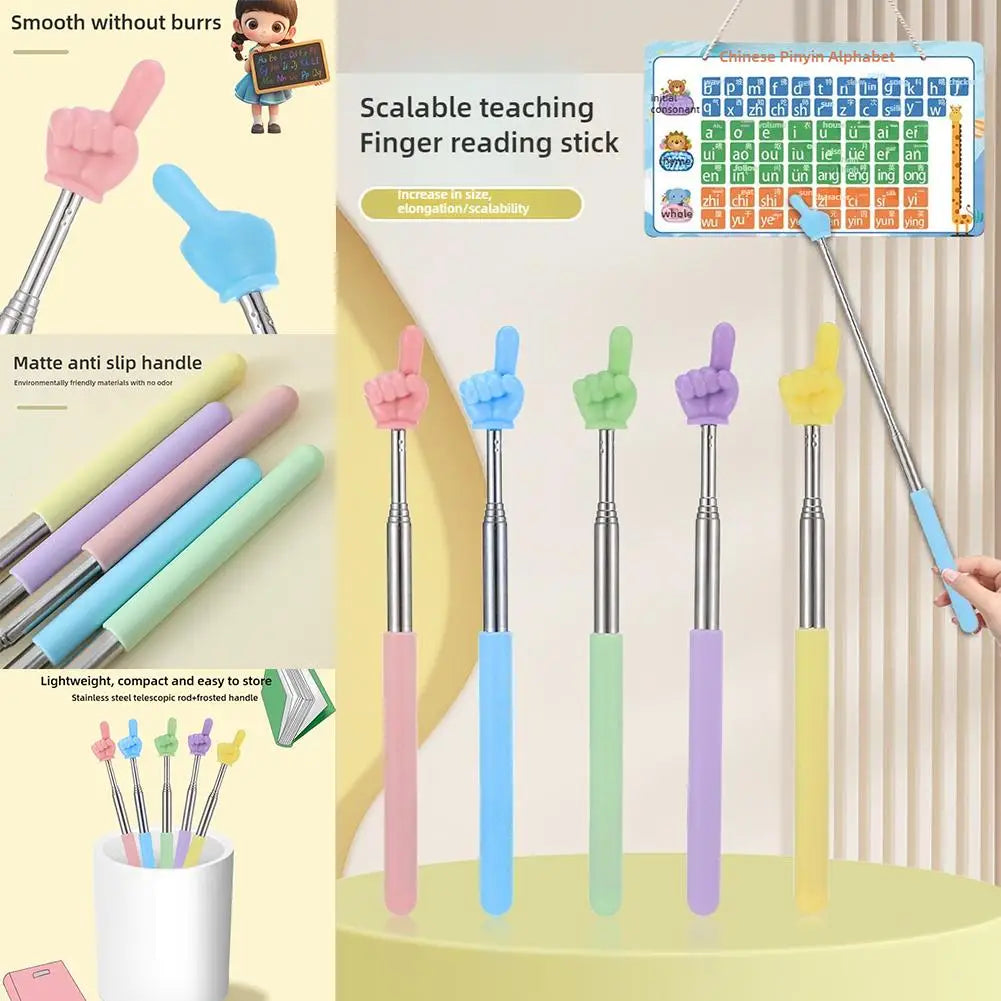 A set of scalable teaching finger reading sticks in various colors and sizes displayed on a light green surface.