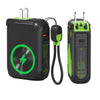 A black magnetic wireless power bank with a green charging port and an attached cable.