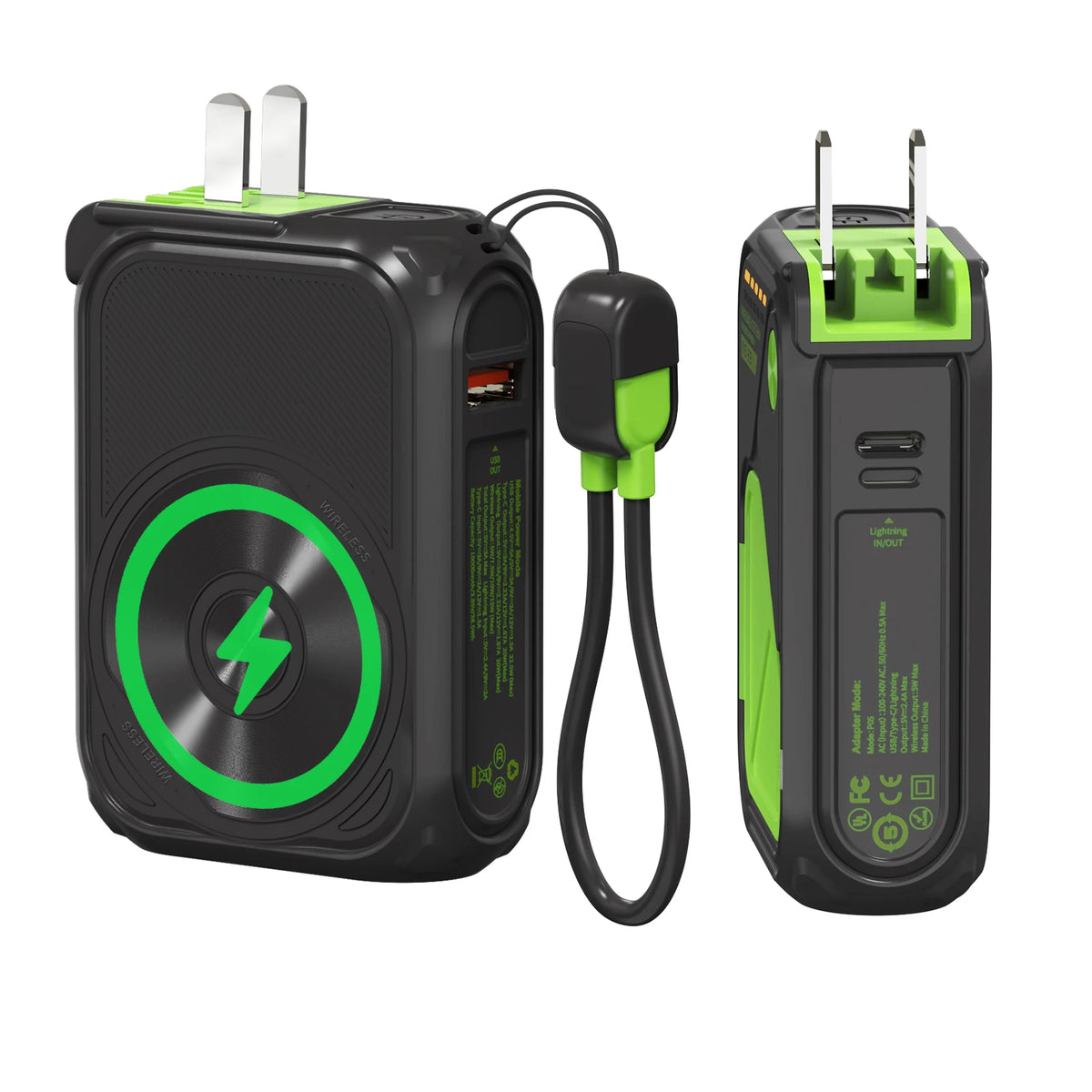 A black magnetic wireless power bank with a green charging port and an attached cable.