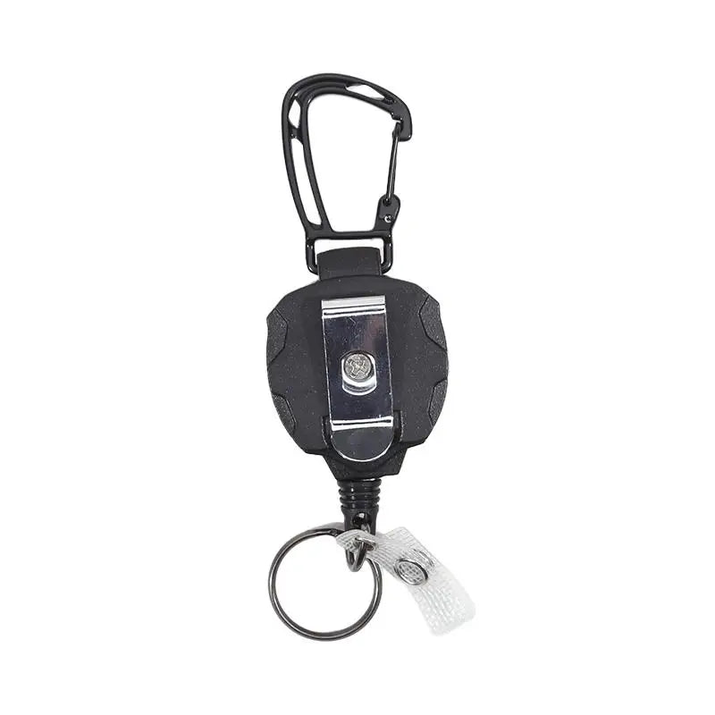 Black tactical ID badge holder keychain with a loop and a slide mechanism