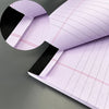 A close-up of a tearable lined writing pad in light purple with black accents, shown open and partially folded.