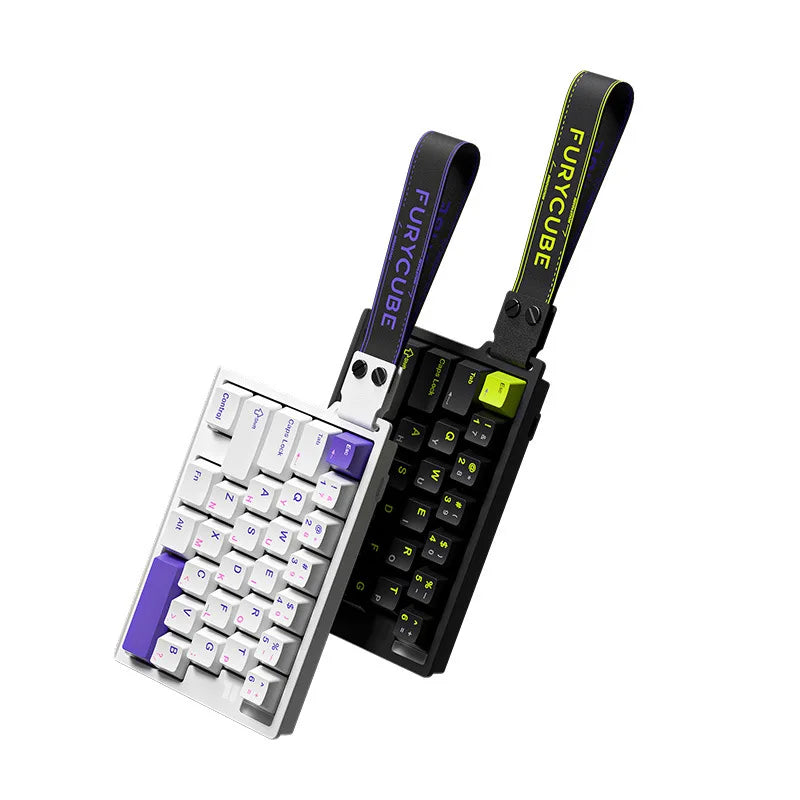 A black mechanical keyboard with purple keycaps and a black and yellow cable featuring the FURYCUBE logo.
