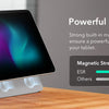 A silver magnetic folio case for an iPad is shown with a powerful magnetic lock feature.