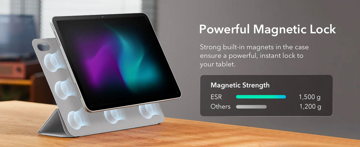 A silver magnetic folio case for an iPad is shown with a powerful magnetic lock feature.