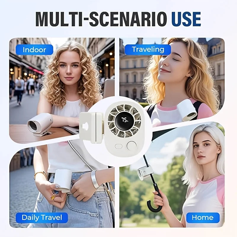 A woman uses a clip-on fan for indoor, traveling, daily travel, and home use in various settings.