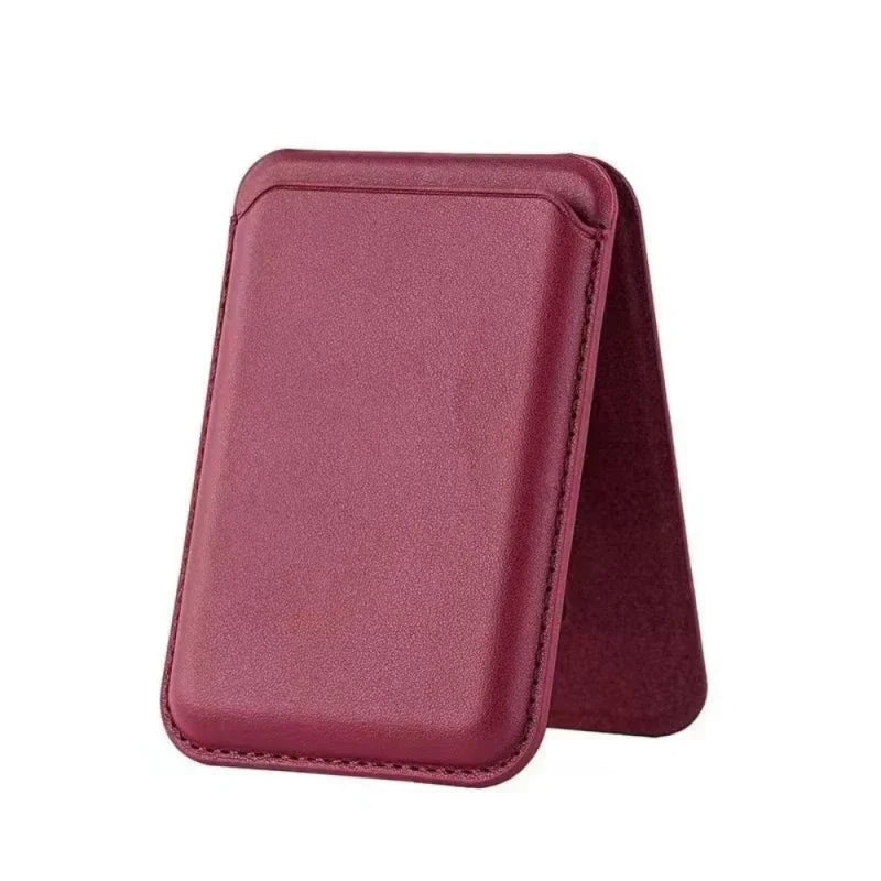 A deep magenta magnetic leather wallet with a protective stand case.