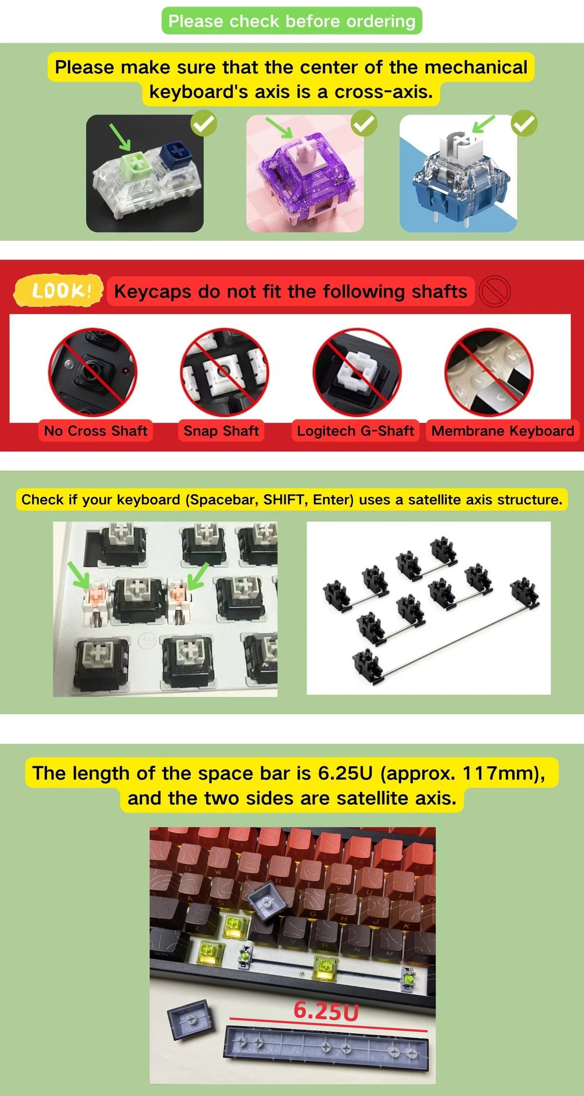 A mechanical keyboard with clear and frosted keycaps, showing various shaft types and a satellite axis structure.