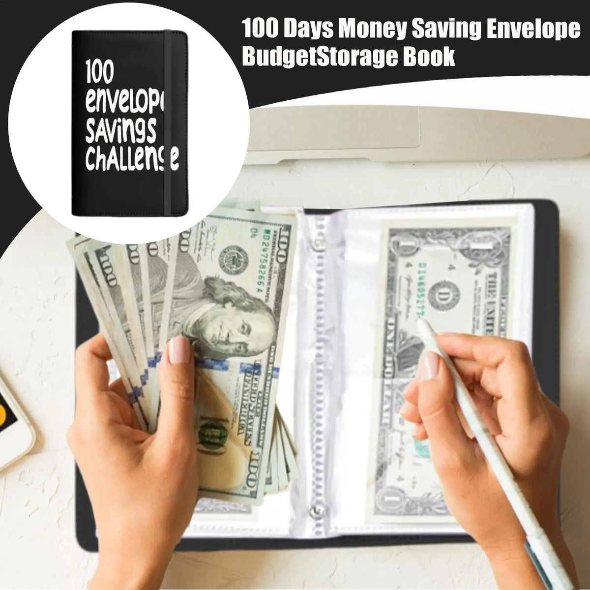 A hand is writing in an open budget storage book filled with US currency, demonstrating a 100 days money saving challenge.