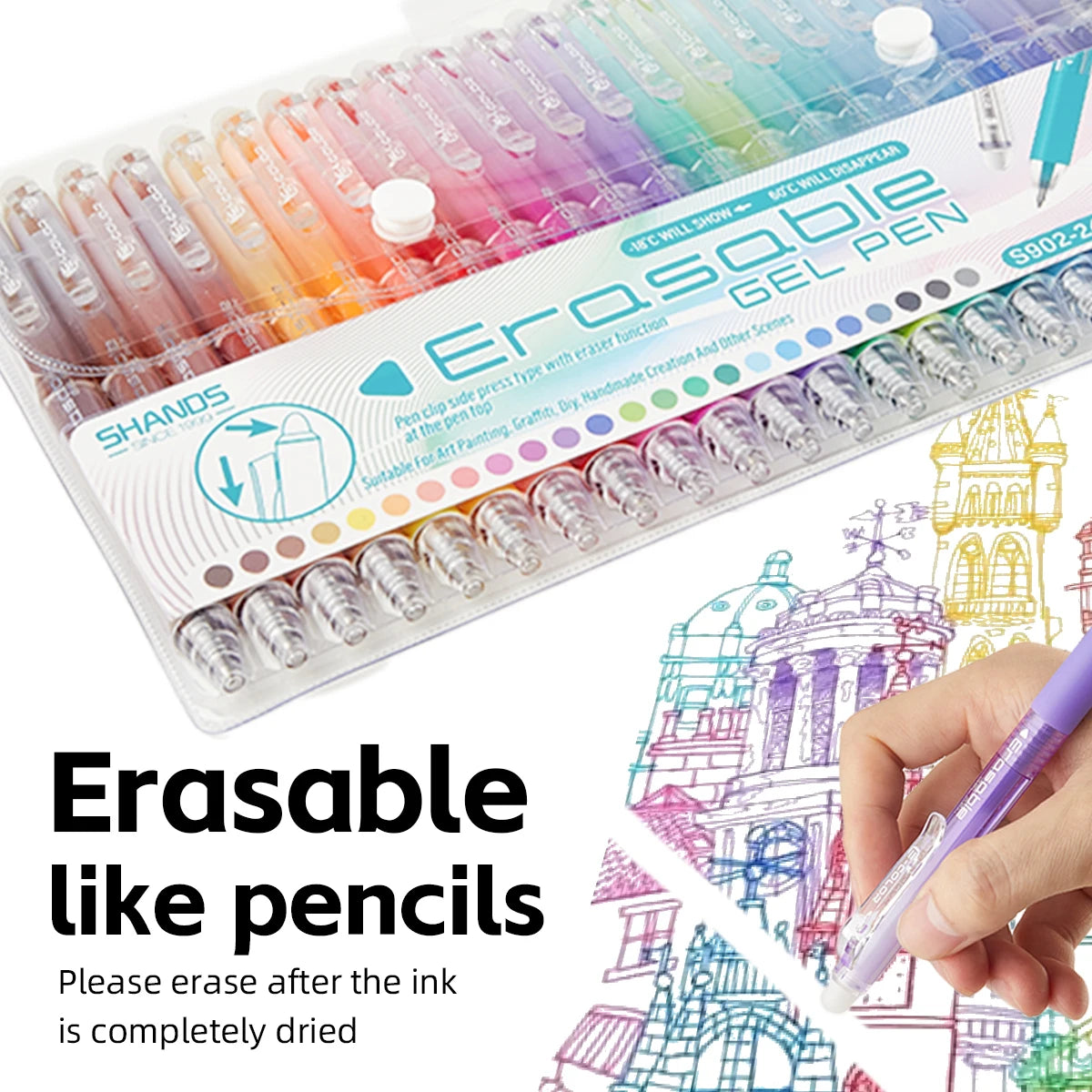 A set of erasable gel pens in various colors and shades, showing the pen tips and packaging.