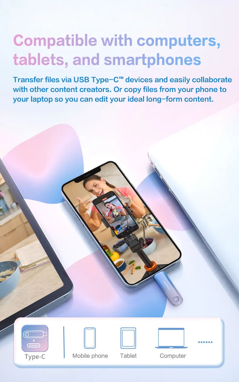 A Type-C adapter and flash drive are shown next to various electronic devices including a smartphone, tablet, and laptop.
