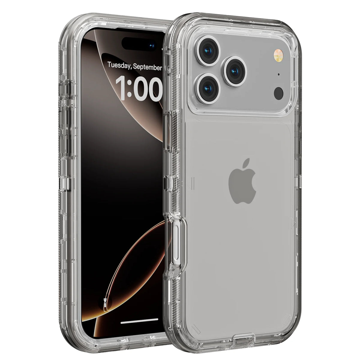 A clear shockproof case for an iPhone, showing the back and front of the device.