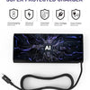 A black AI laptop charger with a USB-C cable and safety protection icons displayed above it.