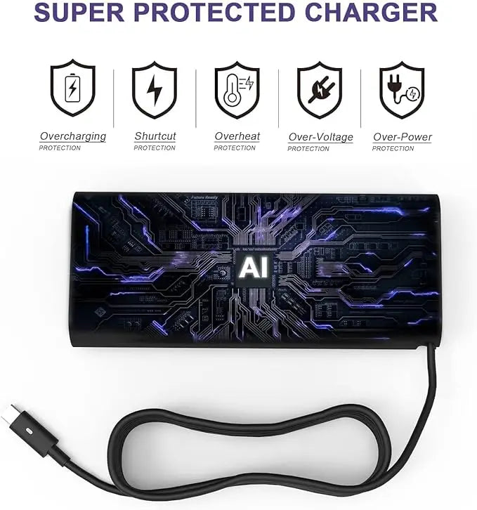 A black AI laptop charger with a USB-C cable and safety protection icons displayed above it.