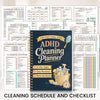 A collection of spiral-bound cleaning schedules, checklists, and planners for various household tasks.