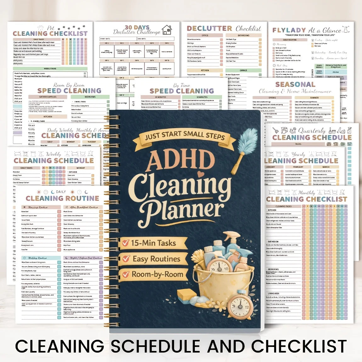 A collection of spiral-bound cleaning schedules, checklists, and planners for various household tasks.