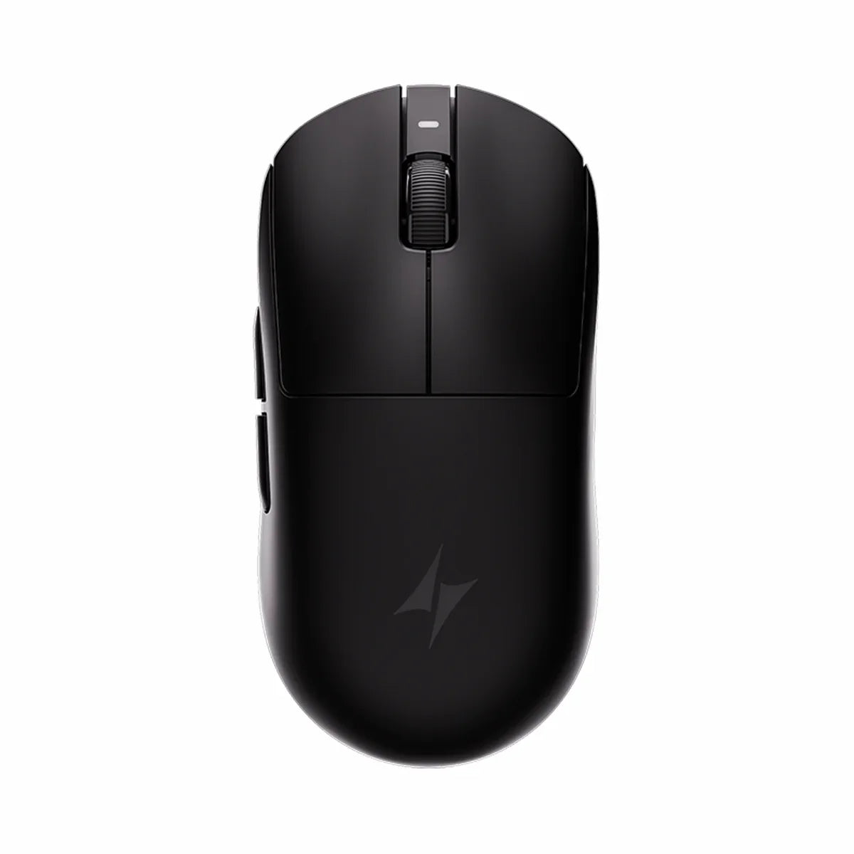 Schwarze ergonomische kabellose Gaming-Maus aus Vogelperspektive.