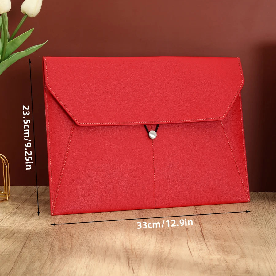 A red leather document organizer bag with a flap and silver clasp, shown on a wooden surface.