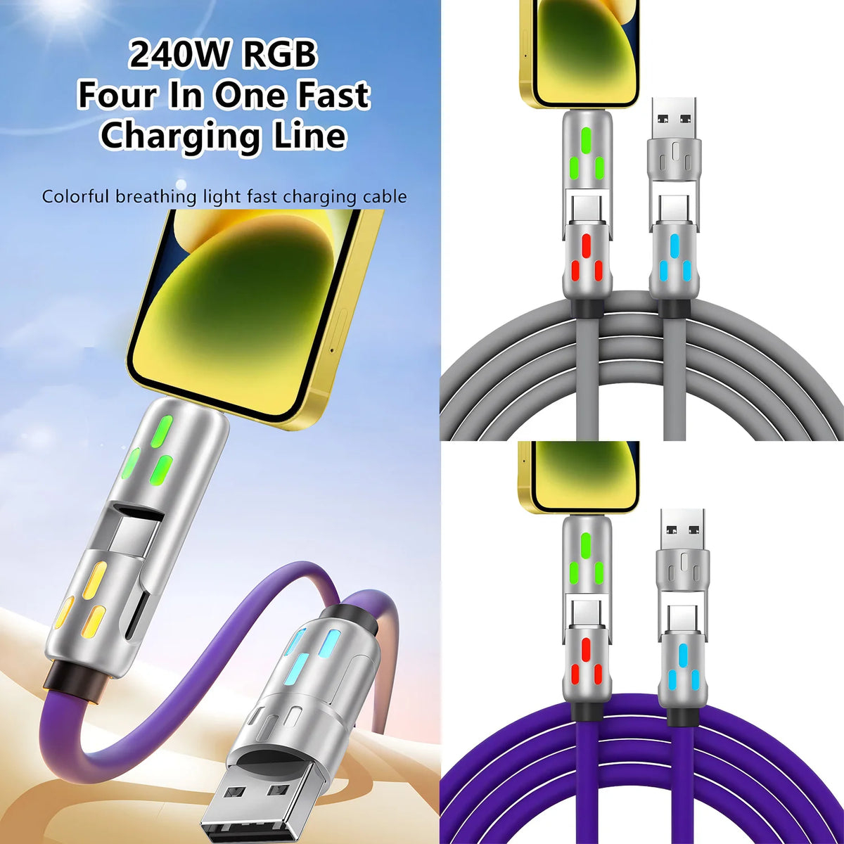 A colorful 240W RGB four-in-one fast charging line featuring multiple rotating connectors and a breathing light cable.