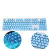 A set of light blue mechanical keyboard keycaps and switches for a 104-key backlit keyboard.