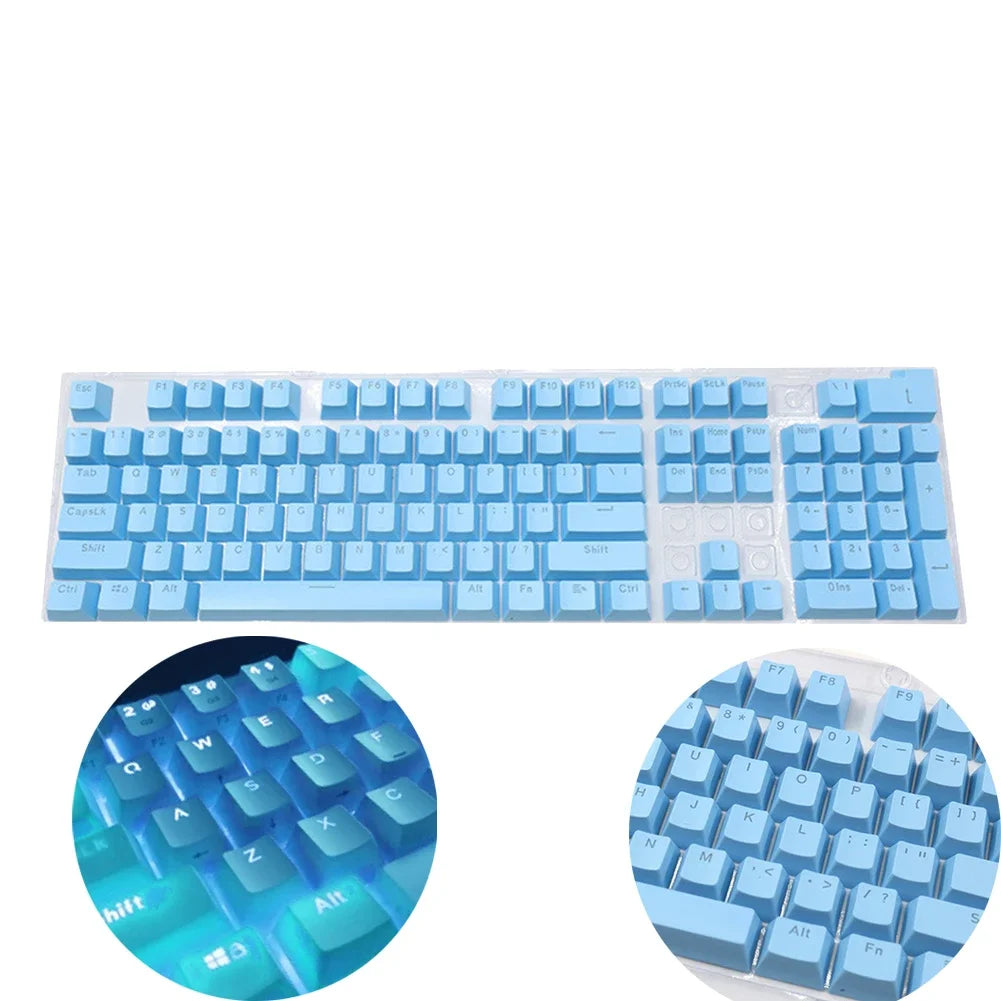 A set of light blue mechanical keyboard keycaps and switches for a 104-key backlit keyboard.