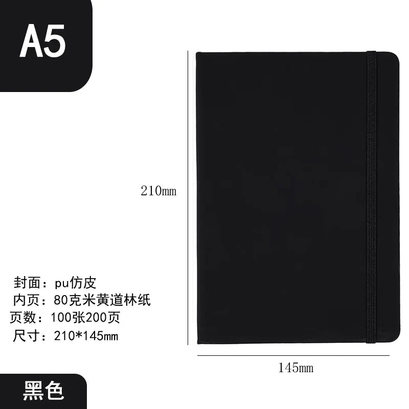 Black A5 hardcover lined notebook with a stitched spine.