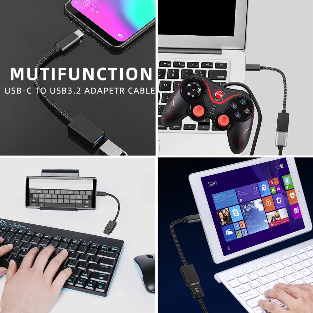 An adapter cable connecting a USB-C port to a USB-A port, shown next to a laptop and a gaming controller.