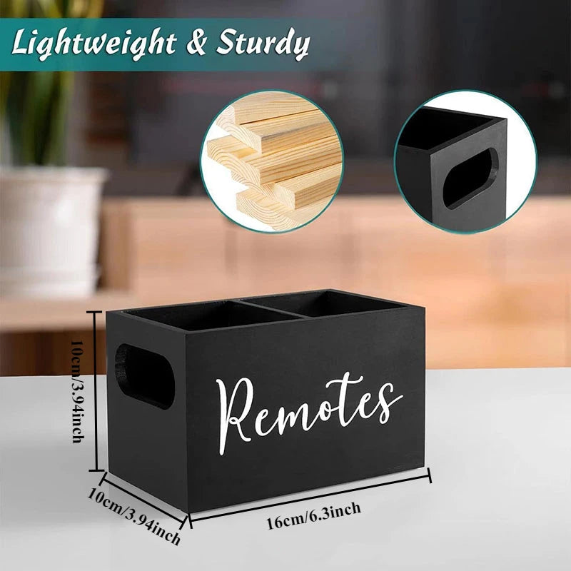 Black wooden storage box with dividers for remote controls and small essentials