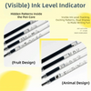 A set of pens with visible ink level indicators featuring hidden patterns like fruit and animal designs.