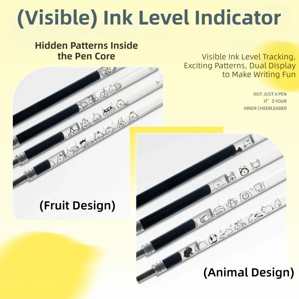 A set of pens with visible ink level indicators featuring hidden patterns like fruit and animal designs.