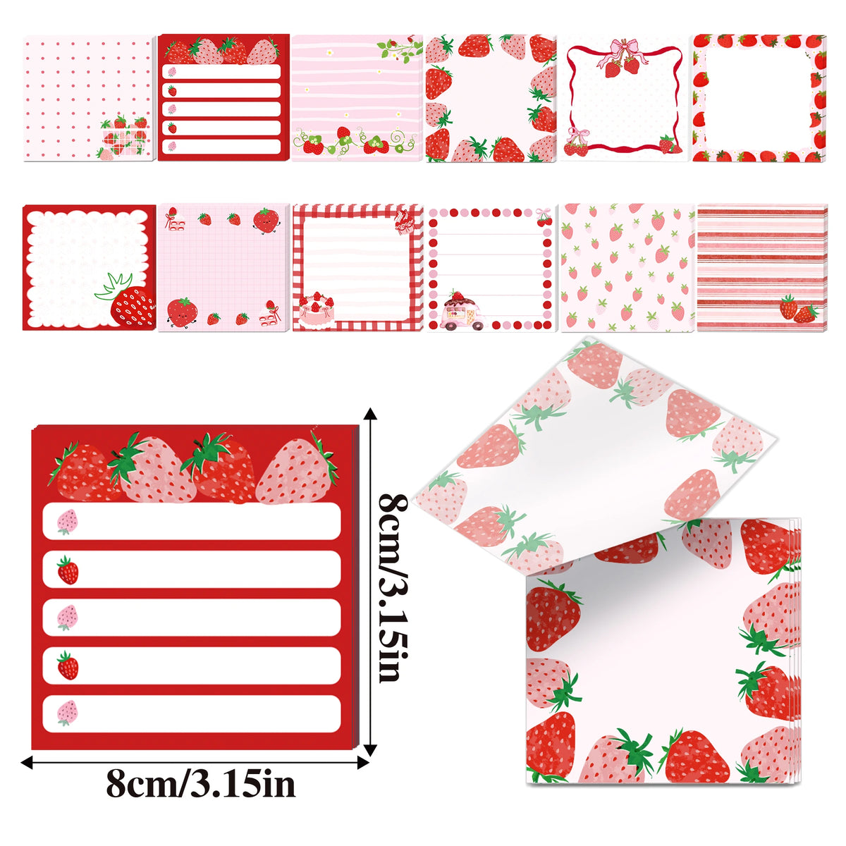 A set of strawberry shaped self-stick memo notes in red and pink for writing and reminders.