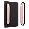 A black leather protective case with a pink stylus pen holder and a black strap.