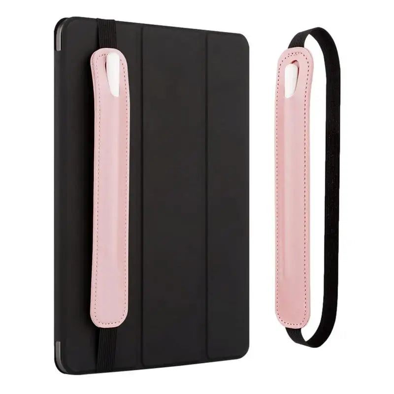 A black leather protective case with a pink stylus pen holder and a black strap.