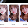 Three photos showing a woman's face under white, soft, and warm lighting conditions.