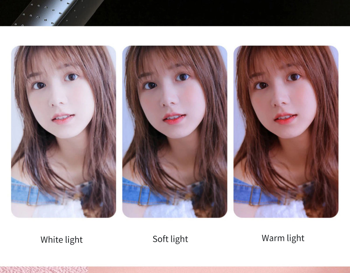 Three photos showing a woman's face under white, soft, and warm lighting conditions.