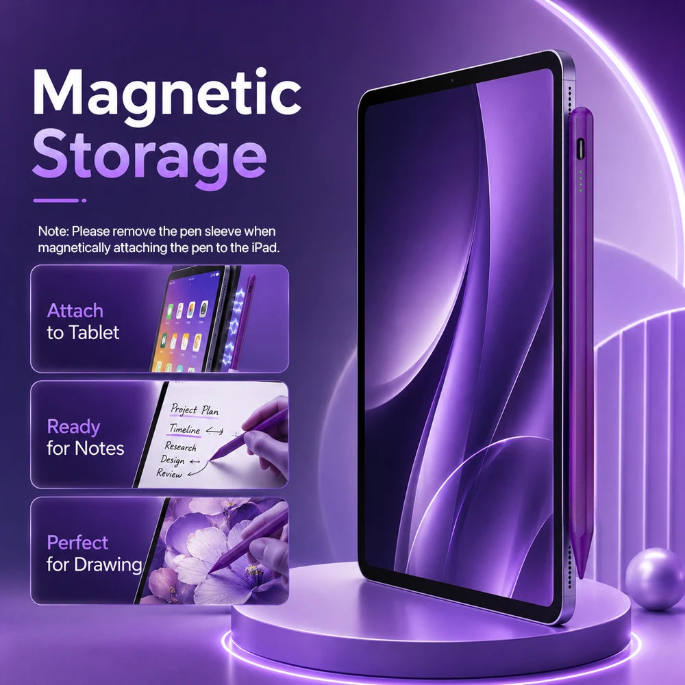 A purple tablet displaying a user interface, with a matching stylus pen magnetically attached to the side.