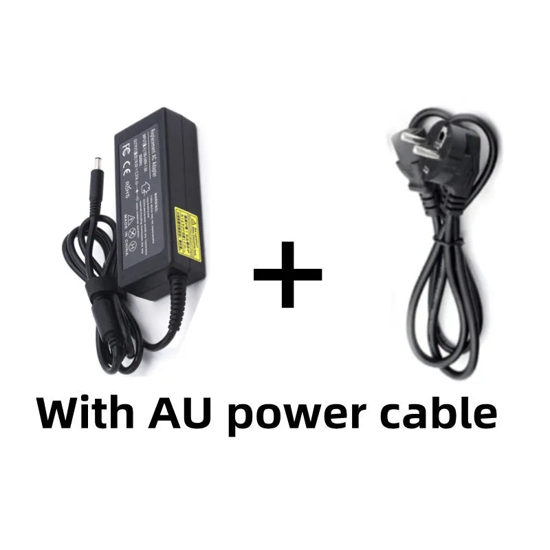 Schwarzes Laptop-Ladegerät mit Kabel und Pluszeichen für AU-Netzteil.