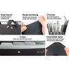 A black expanding A4 file folder with a snap closure, featuring sturdy materials and five pockets.