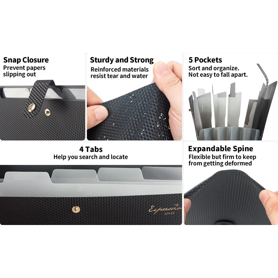 A black expanding A4 file folder with a snap closure, featuring sturdy materials and five pockets.