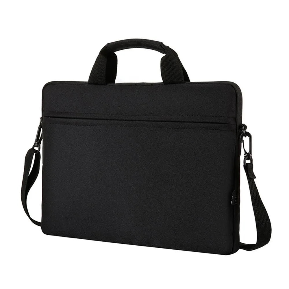 Black ultra-thin laptop sleeve bag with a padded top handle and shoulder strap.