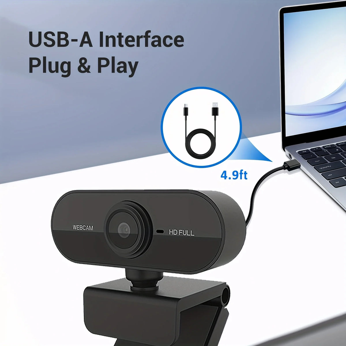 A black full HD mini webcam is shown connected to a laptop via a USB-A interface plug and play cable.