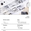 A sheet of decorative PET collage tape featuring black and white geometric patterns and text on a white background.
