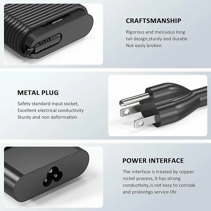 A black 130W USB-C laptop charger showing its metal plug and durable design features.
