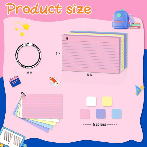A display of 5-color lined index cards and a key ring, showing various sizes including 3 in and 5 in.