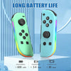 A pair of light green and blue wireless joy-con controllers displayed on a white surface with battery life specifications.